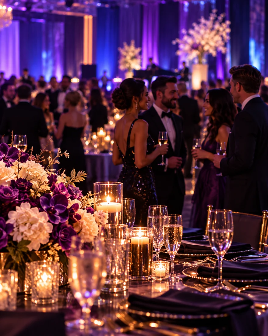 Candlelit nonprofit gala ballroom with purple floral decor