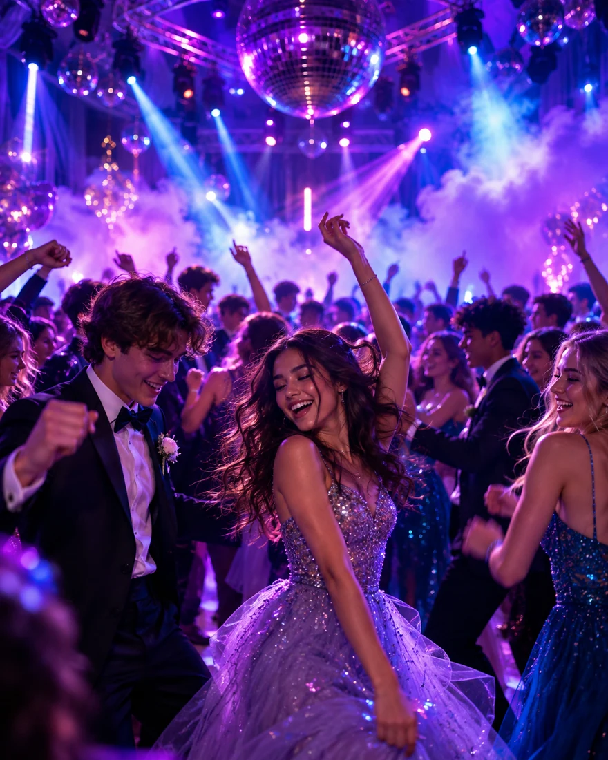 School prom dance floor with formalwear and colorful lighting