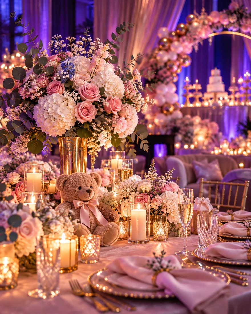 Pink and gold baby shower table with flowers and teddy bear