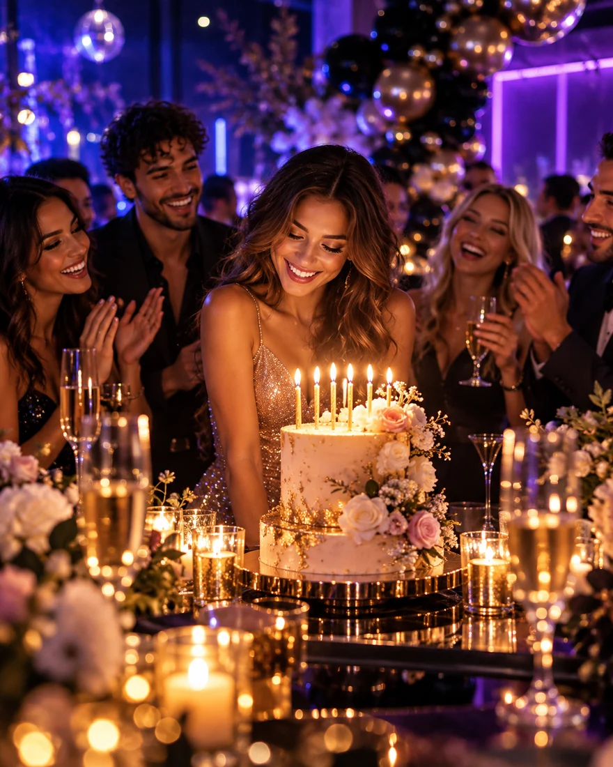 Elegant birthday celebration with cake and candlelight