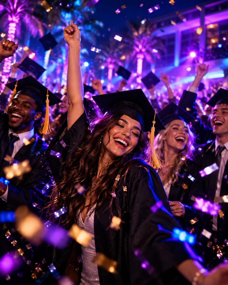 Graduation celebration with graduates dancing under purple and blue lights