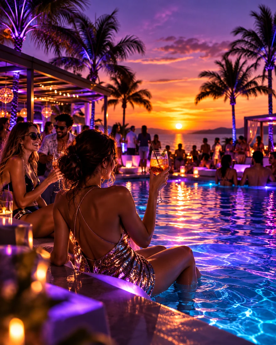 Sunset pool party with tropical lighting and music